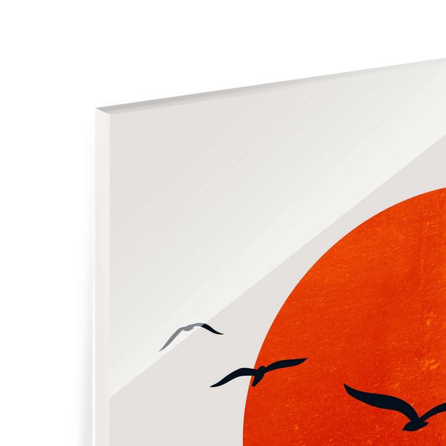 Red print Flock Of Birds In Front Of Red Sun I
