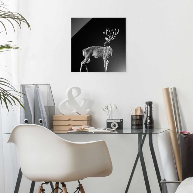 Glass prints black and white Deer In The Dark