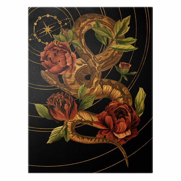 Canvas prints Snake With Roses Black And Gold IV
