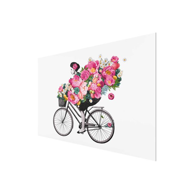 Prints pink Illustration Woman On Bicycle Collage Colourful Flowers