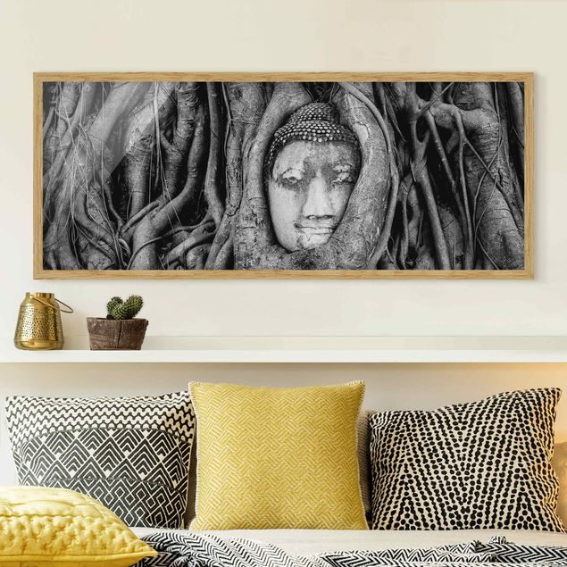 Floral canvas Buddha In Ayutthaya Lined From Tree Roots In Black And White