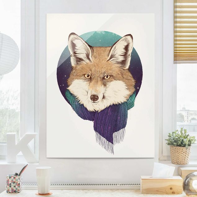 Glas Magnettafel Illustration Fox Moon Purple Turquoise
