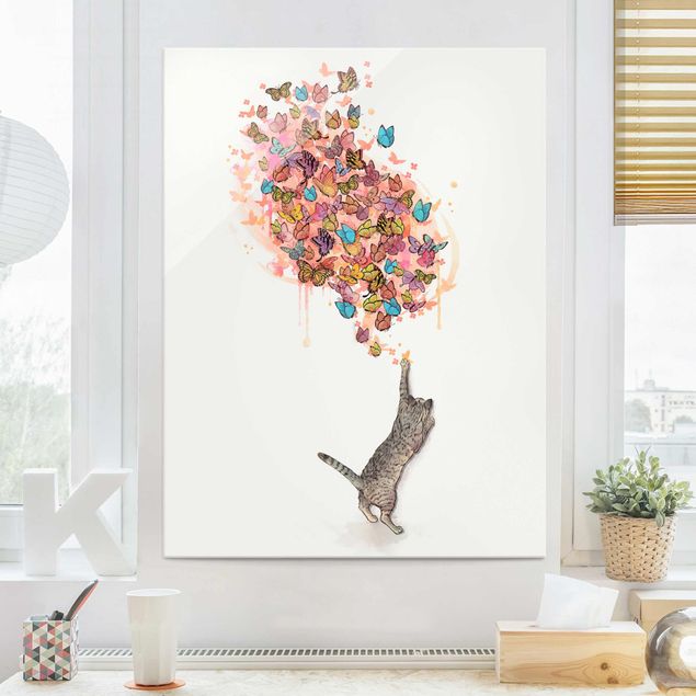 Laura Graves Art Illustration Cat With Colourful Butterflies Painting