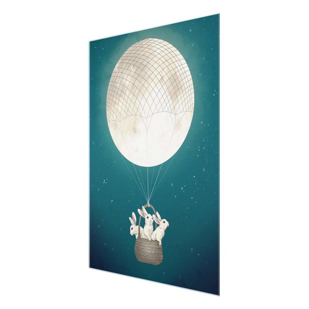 Turquoise canvas wall art Illustration Rabbits Moon As Hot-Air Balloon Starry Sky