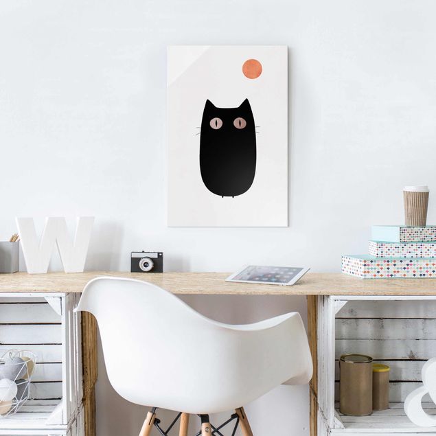 Glass prints black and white Black Cat Illustration