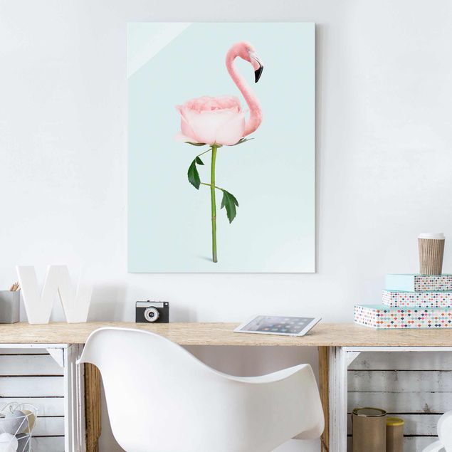 Glass prints rose Flamingo With Rose