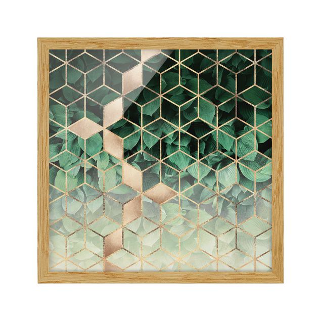 Abstract art prints Green Leaves Golden Geometry
