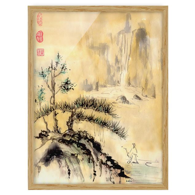 Trees on canvas Japanese Watercolour Drawing Cedars And Mountains