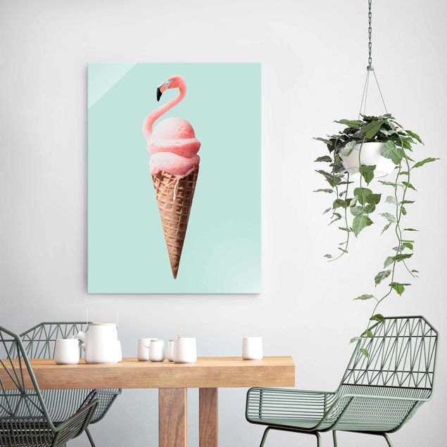 Glass prints pieces Ice Cream Cone With Flamingo