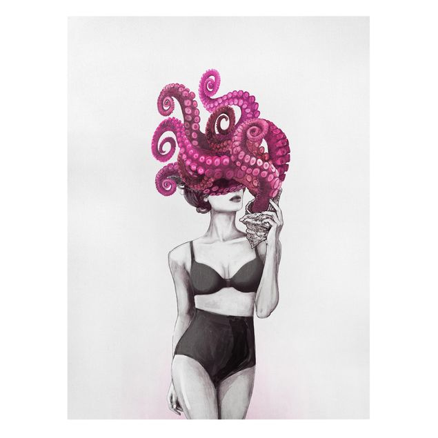 Canvas art Illustration Woman In Underwear Black And White Octopus