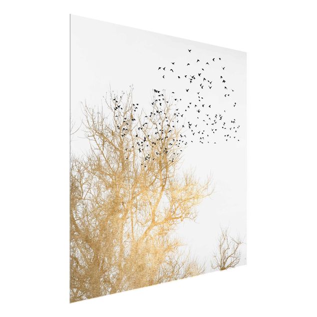 Glass prints landscape Flock Of Birds In Front Of Golden Tree