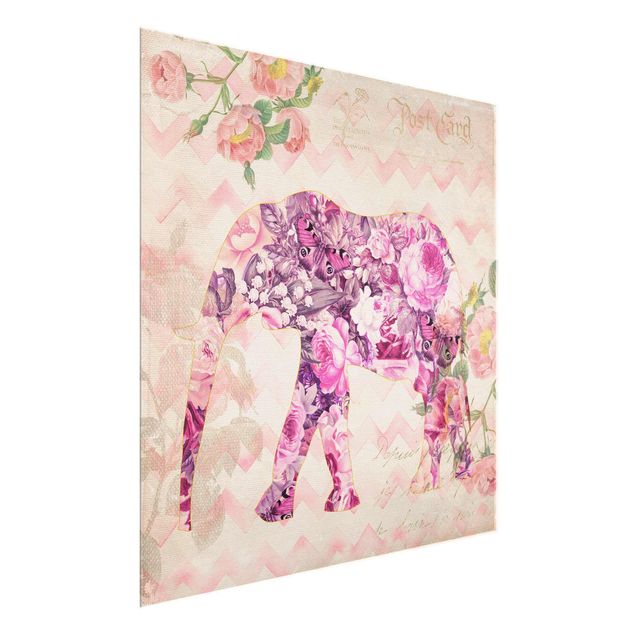 Butterfly print Vintage Collage - Pink Flowers Elephant