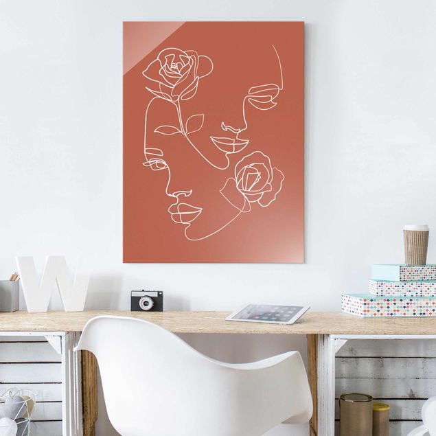 Glass prints rose Line Art Faces Women Roses Copper