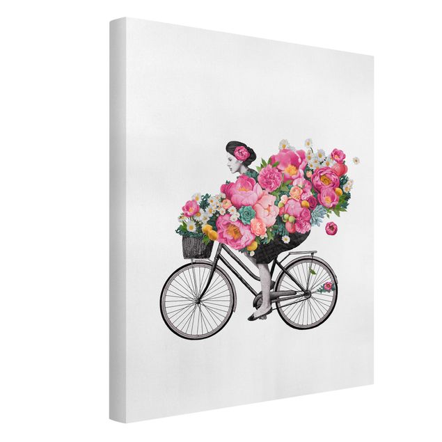 Canvas art prints Illustration Woman On Bicycle Collage Colourful Flowers
