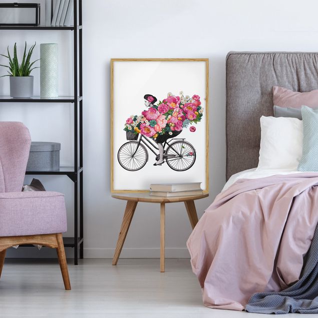 Prints floral Illustration Woman On Bicycle Collage Colourful Flowers
