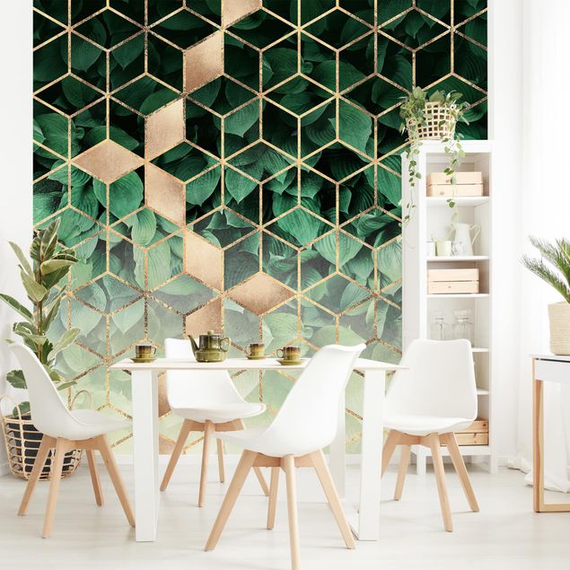 Kitchen Green Leaves Golden Geometry