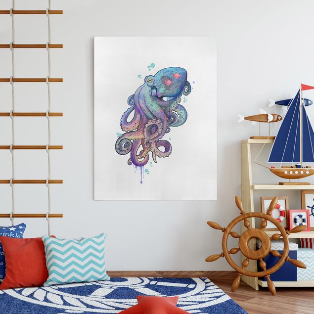 Canvas prints fishes Illustration Octopus Violet Turquoise Painting