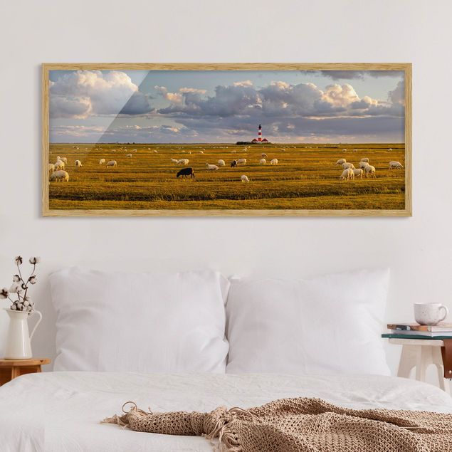 Framed beach pictures North Sea Lighthouse With Flock Of Sheep