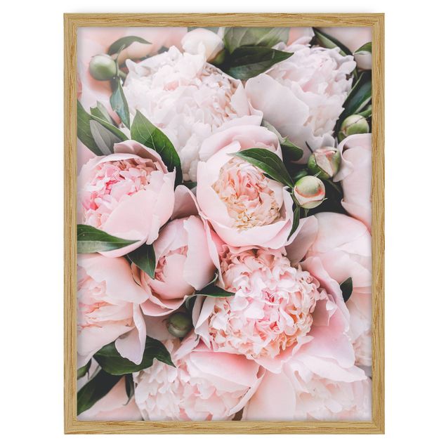 Framed floral Pink Peonies With Leaves