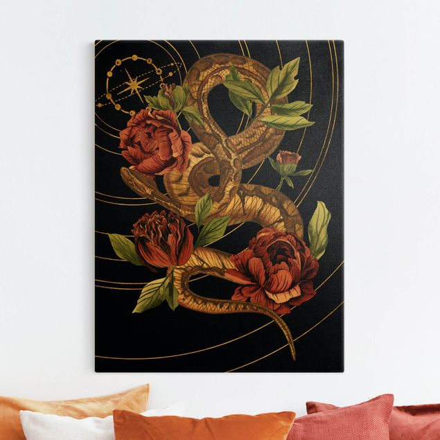 Rose canvas Snake With Roses Black And Gold IV