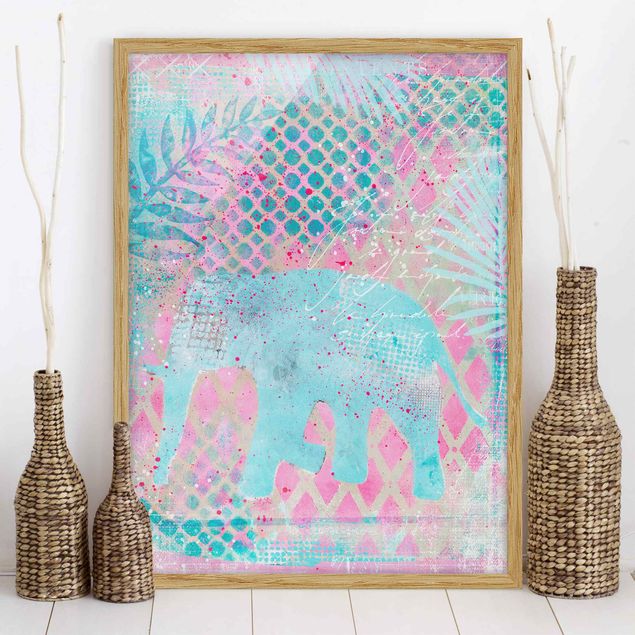 Kitchen Colourful Collage - Elephant In Blue And Pink