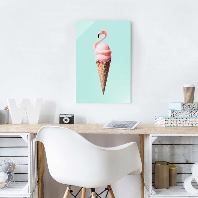 Glass prints pieces Ice Cream Cone With Flamingo