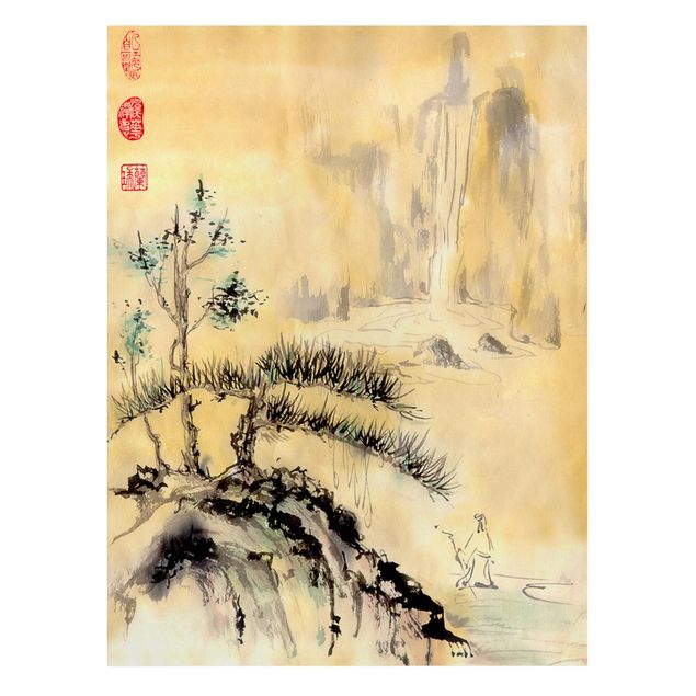 Mountain canvas wall art Japanese Watercolour Drawing Cedars And Mountains