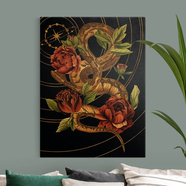 Prints flower Snake With Roses Black And Gold IV