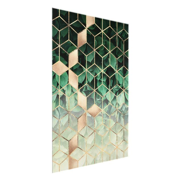 3D wall art Green Leaves Golden Geometry