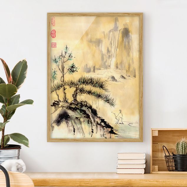 Kitchen Japanese Watercolour Drawing Cedars And Mountains
