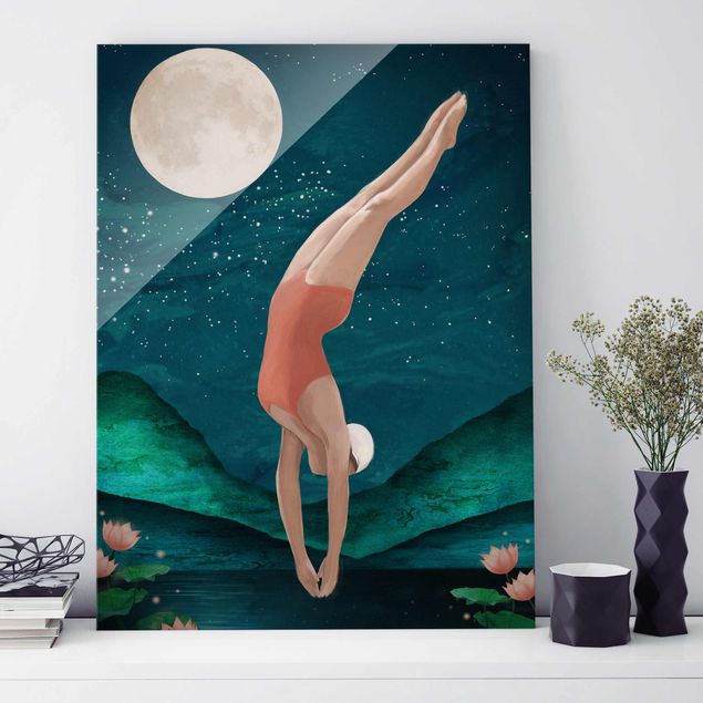 Glas Magnetboard Illustration Bather Woman Moon Painting
