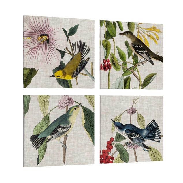 Floral canvas Birds On Linen Set II