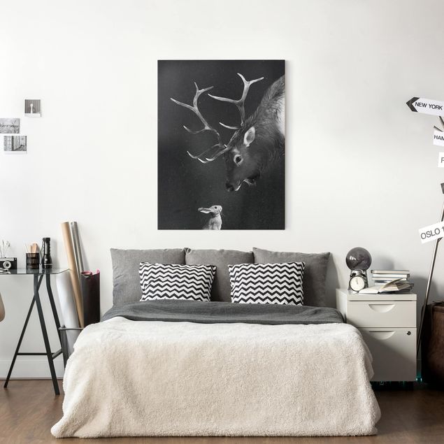 Kids room decor Illustration Deer And Rabbit Black And White Drawing