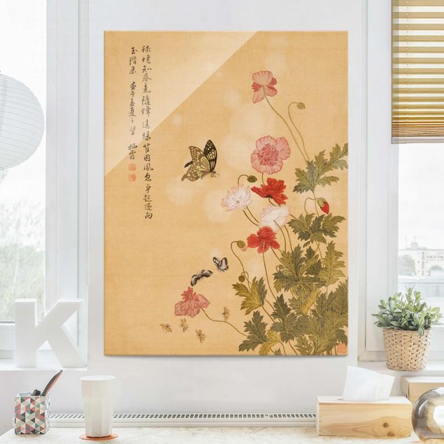 Glass prints poppy Yuanyu Ma - Poppy Flower And Butterfly