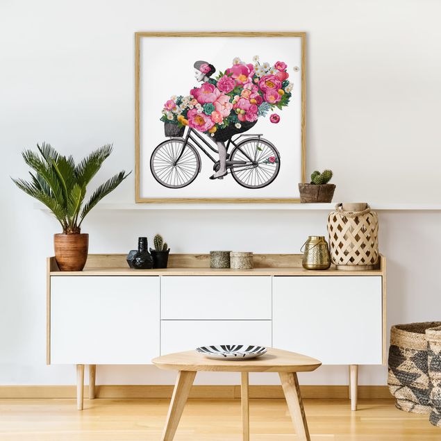 Prints floral Illustration Woman On Bicycle Collage Colourful Flowers