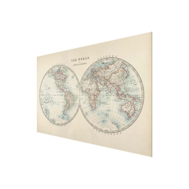 Magnettafel Glas Vintage World Map The Two Hemispheres