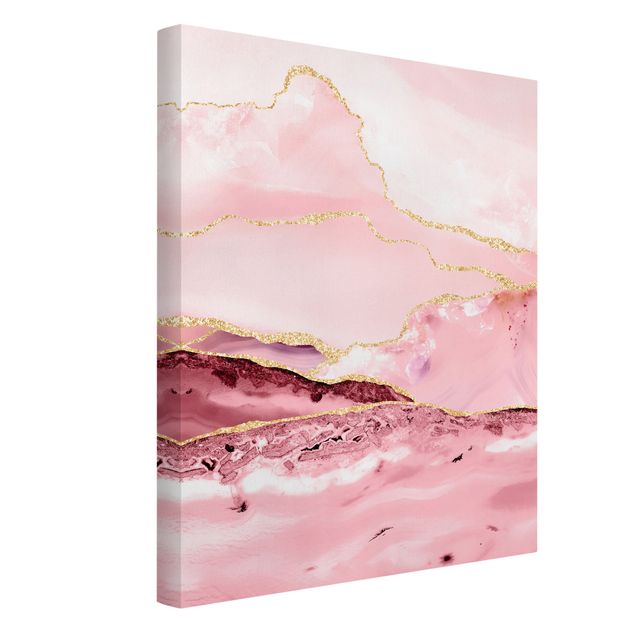 Canvas prints stone Abstract Mountains Pink With Golden Lines