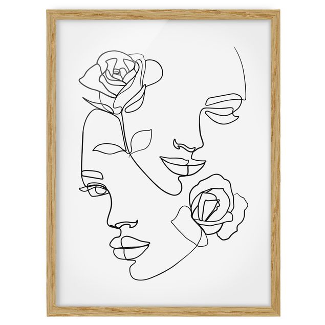 Flower print Line Art Faces Women Roses Black And White