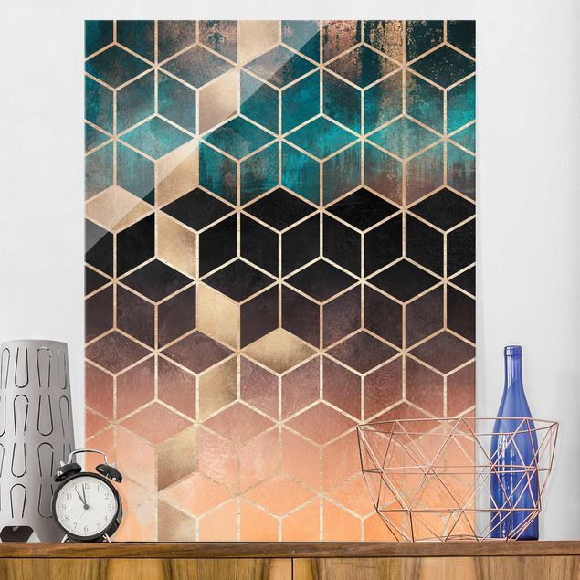 Glas Magnetboard Turquoise Rosé Golden Geometry