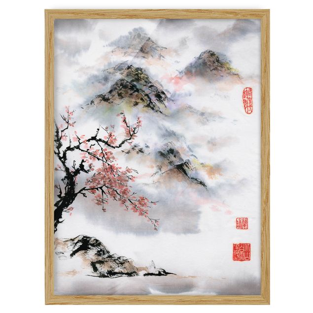 Tree print Japanese Watercolour Drawing Cherry Tree And Mountains