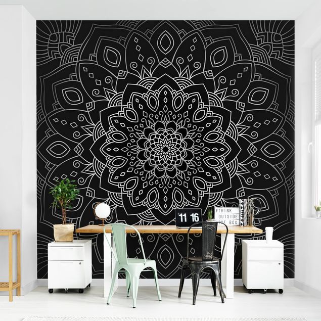 Wallpapers ornaments Mandala Flower Pattern Silver Black