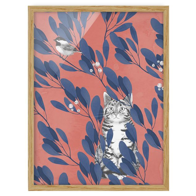 Animal wall art Illustration Cat And Bird On Branch Blue Red