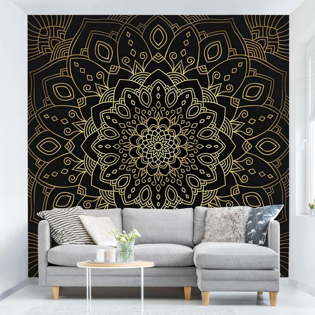 Wallpapers ornaments Mandala Flower Pattern Gold Black
