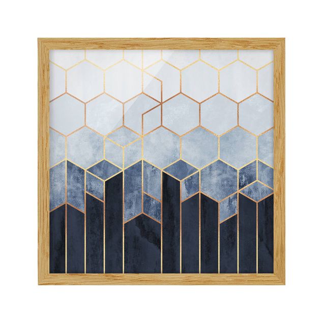 Modern art prints Golden Hexagons Blue White