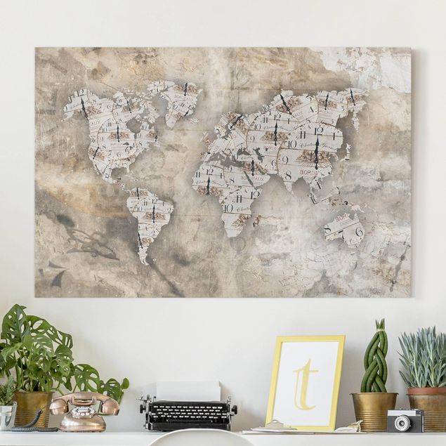 Canvas stone Shabby Clocks World Map