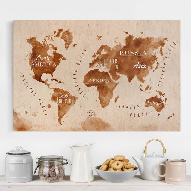 Kitchen World Map Watercolour Beige Brown