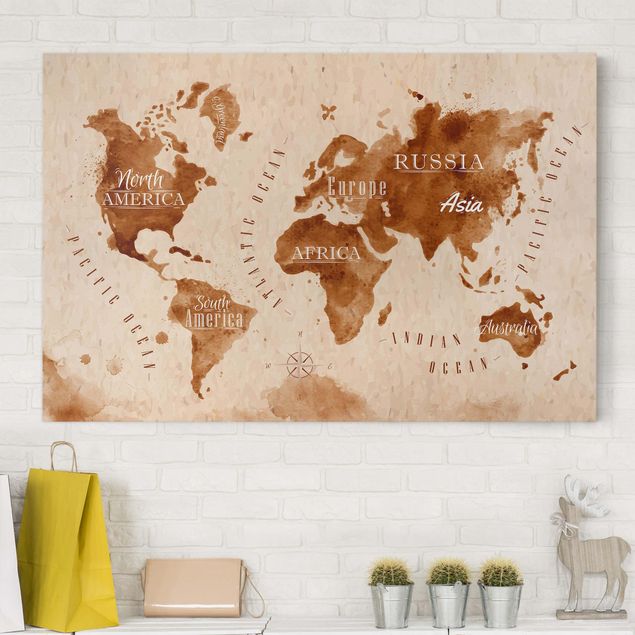 Framed world map World Map Watercolour Beige Brown