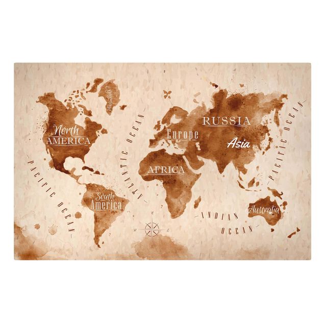 Prints brown World Map Watercolour Beige Brown