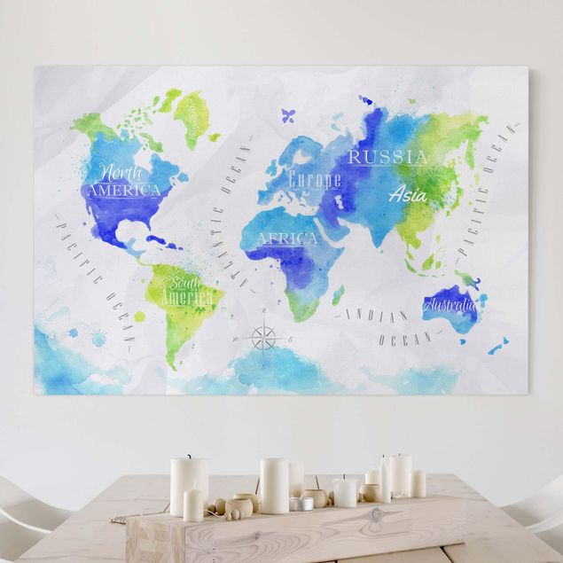 Prints maps World Map Watercolour Blue Green