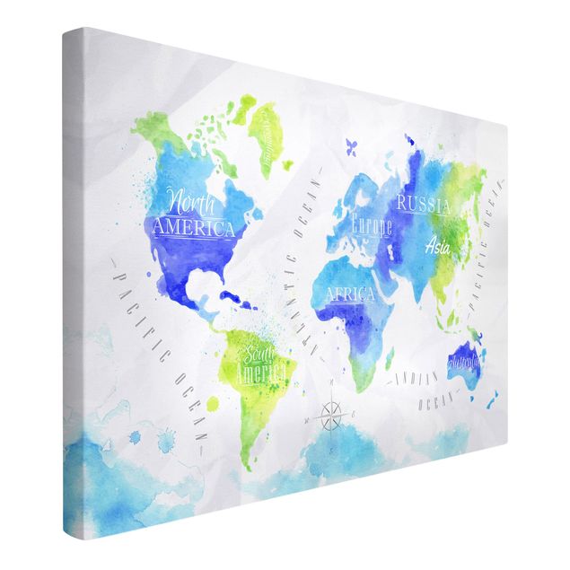 Prints modern World Map Watercolour Blue Green